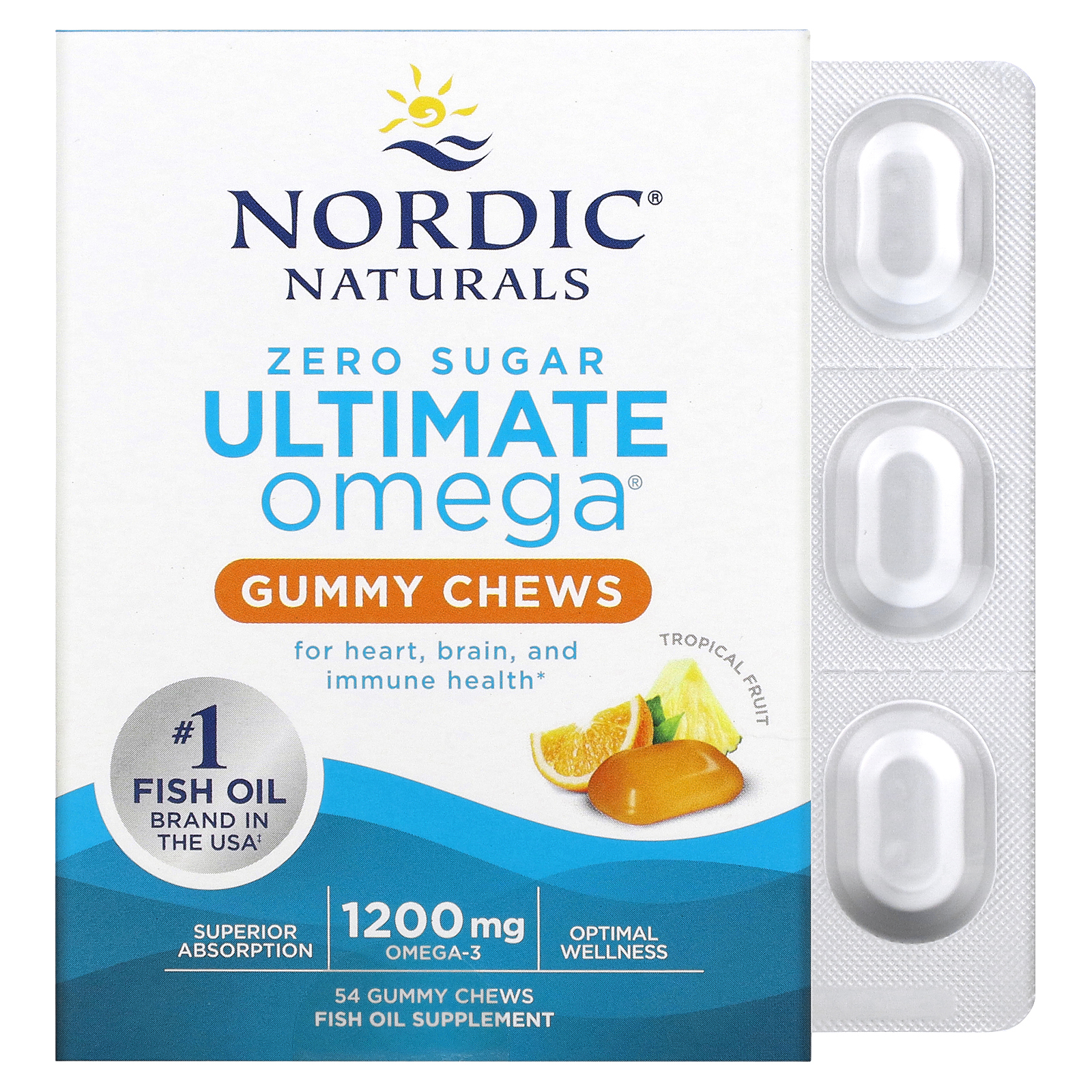 Nordic Naturals, Ultimate Omega, тропические фрукты, 1200 мг, 54 жевательные таблетки (600 мг в 1 жевательной таблетке)