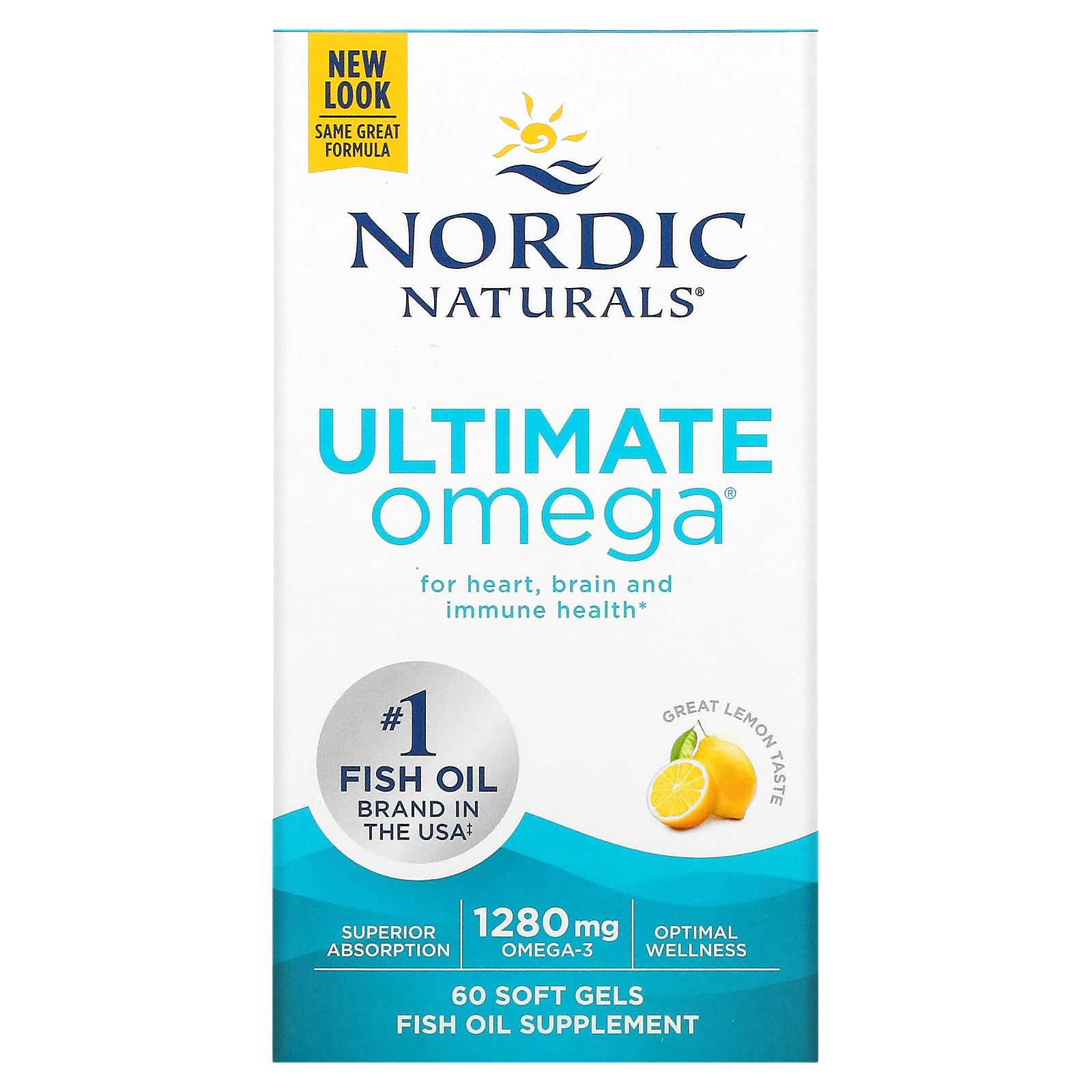 Nordic Naturals, Ultimate Omega, высокоэффективные омега-3 кислоты, со вкусом лимона, 1280 мг, 60 капсул (640 мг в 1 капсуле)