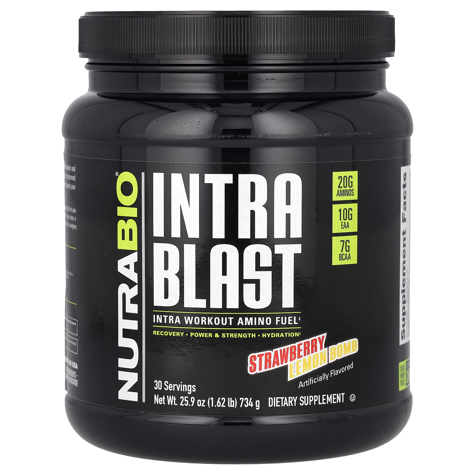 NutraBio, Intra Blast, заряд аминокислот для восстановления после тренировки, клубника с лимоном, 740 г
