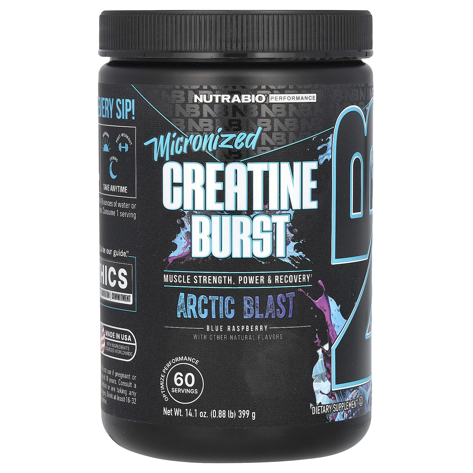 NutraBio, Performance, микронизированный креатин, арктическая голубая малина, 399 г (0,88 фунта)