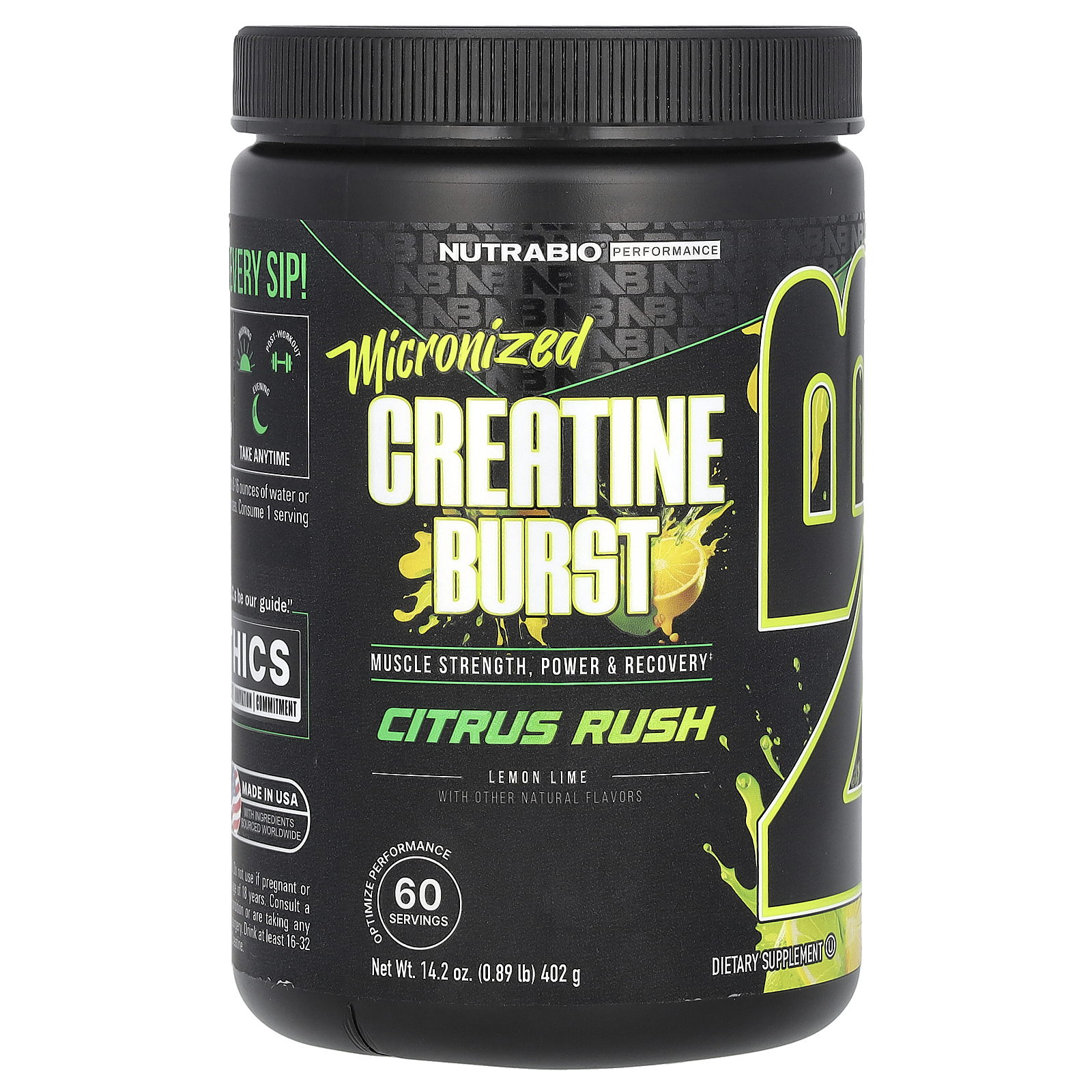 NutraBio, Performance, микронизированный креатин, цитрусовый, лимон и лайм, 402 г (0,89 фунта)