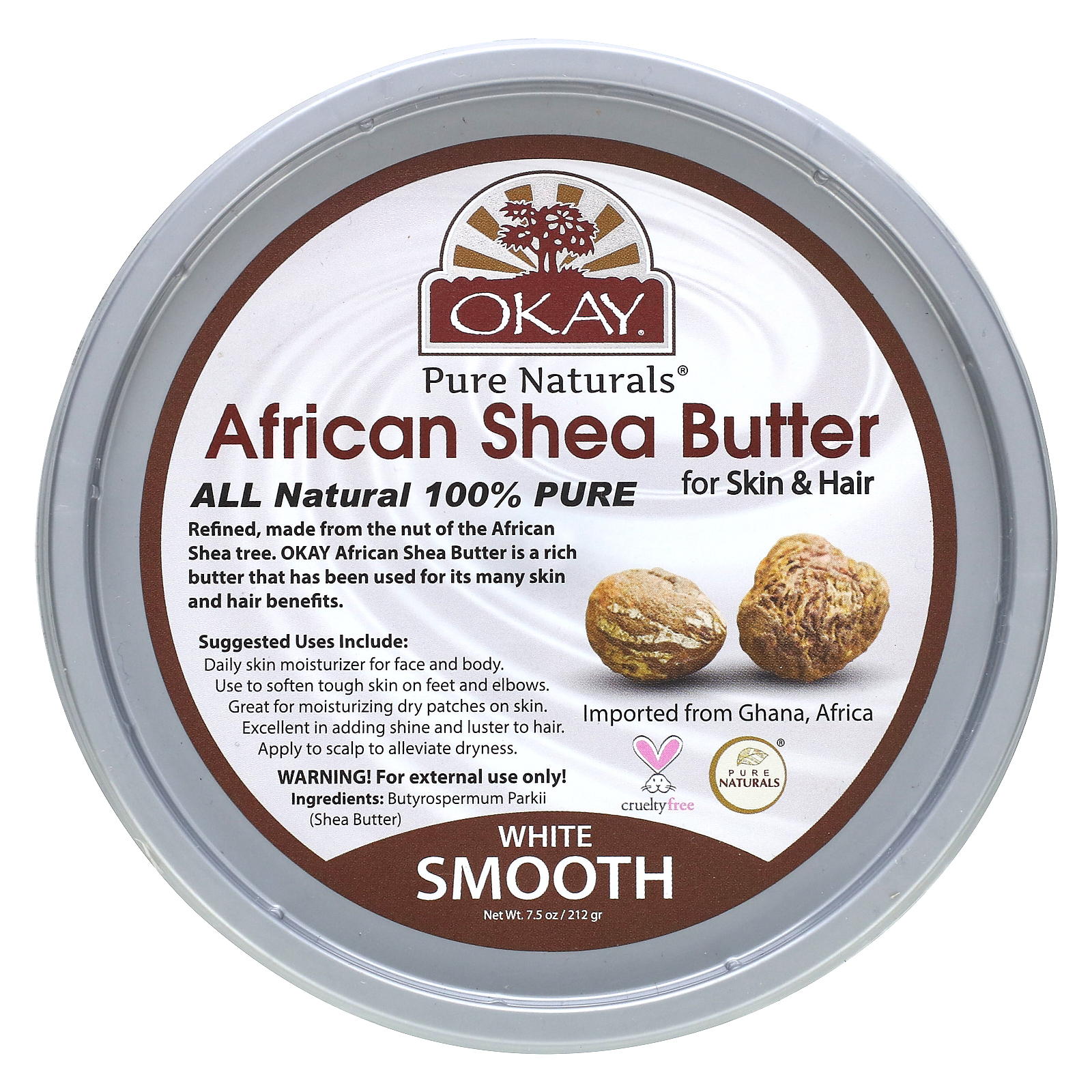 Okay Pure Naturals, Масло африканского ши для кожи и волос, гладкий белый, 212 г (7,5 унции)
