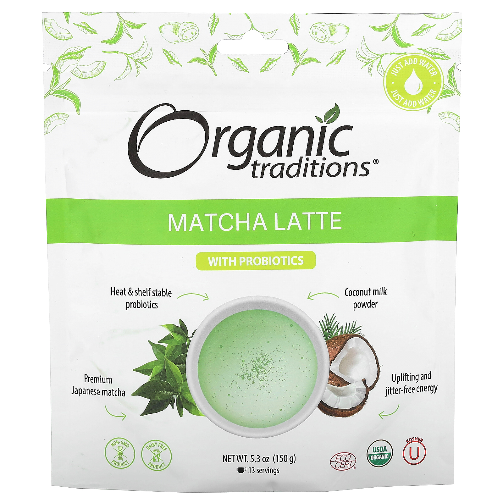 Organic Traditions, Матча латте с пробиотиками, 150 г (5,3 унции)