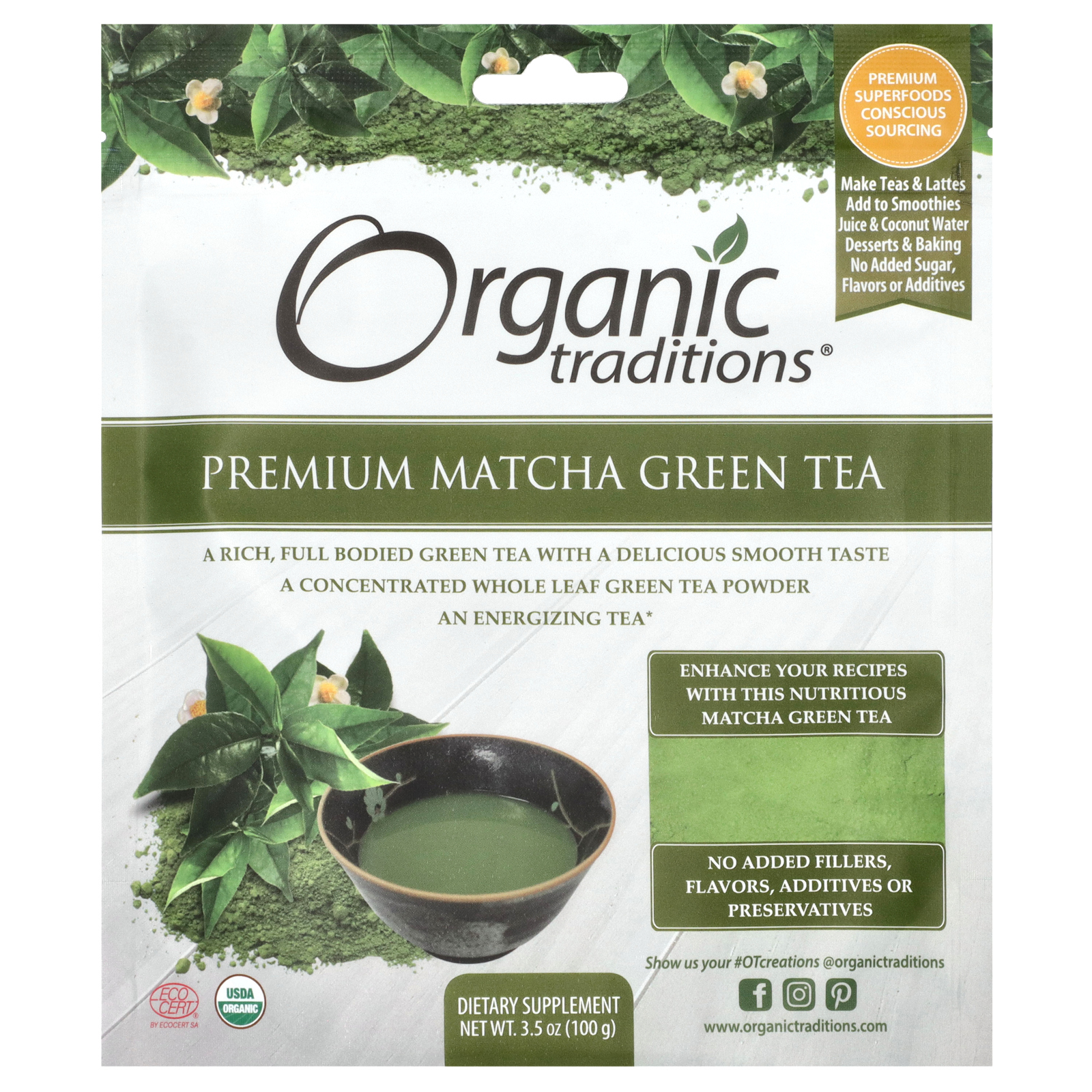 Organic Traditions, Премиум зеленый чай матча, 3,5 унции (100 г)