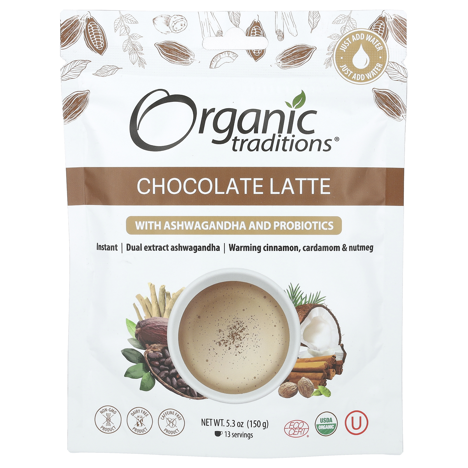 Organic Traditions, Шоколадный латте с ашвагандой и пробиотиками, 150 г (5,3 унции)
