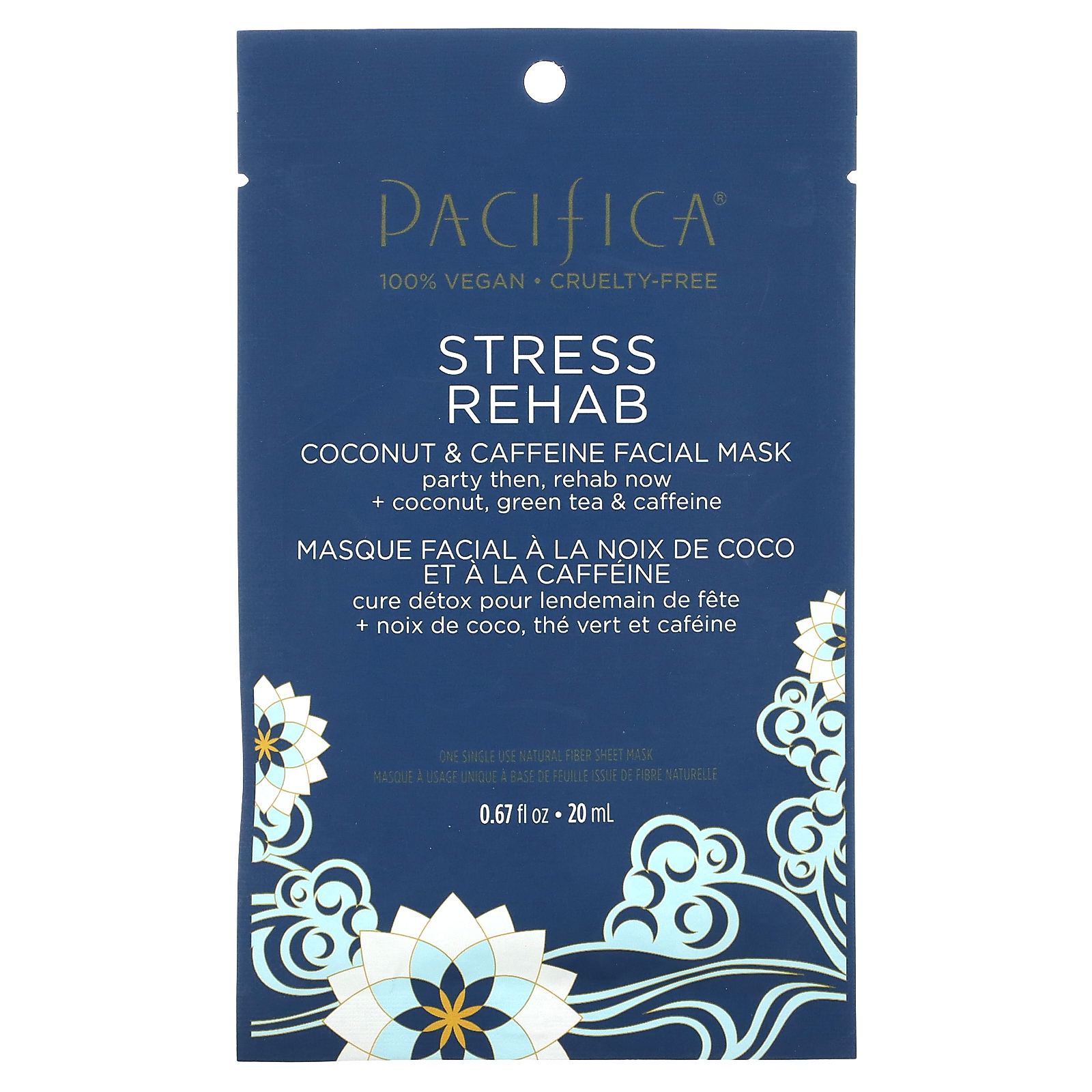 Pacifica, Stress Rehab, косметическая маска для лица с кокосом и кофеином, 1 листовая маска, 20 мл (0,67 жидк. Унции)