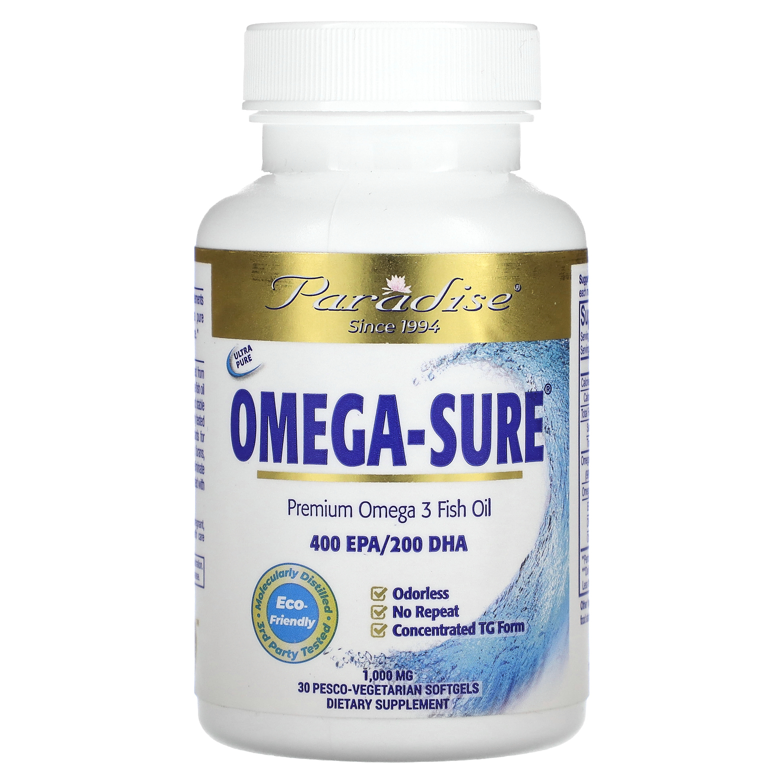 Paradise Herbs, Omega Sure, концентрат омега-3, 1000 мг, 30 капсул в растительной оболочке Pesco