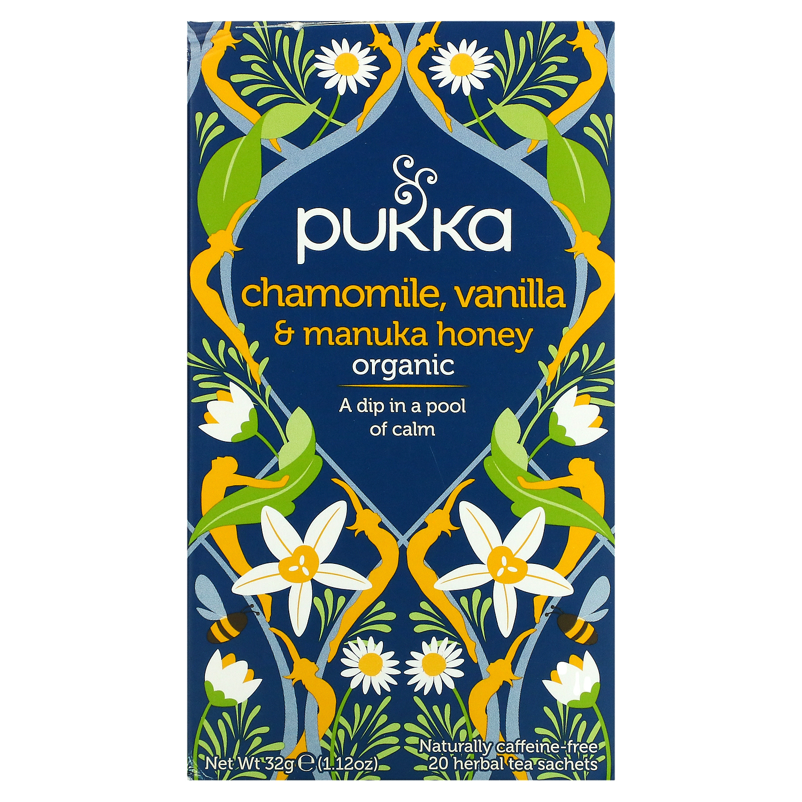 Pukka Herbs, Органический травяной чай, ромашка, ваниль и мед манука, без кофеина, 20 пакетиков, 32 г (1,12 унции)