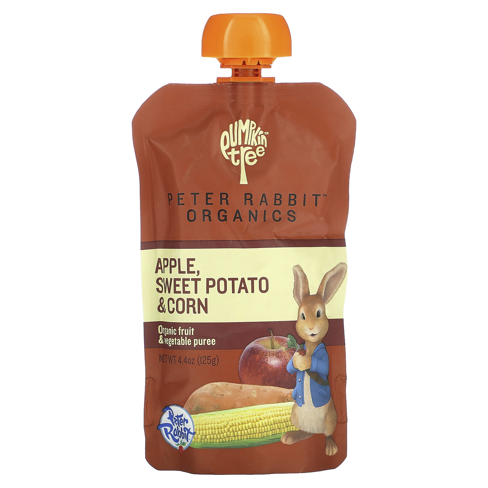 Pumpkin Tree Organics, Peter Rabbit Organics, органическое фруктовое и овощное пюре, яблоко, батат и кукуруза, 125 г (4,4 унции)
