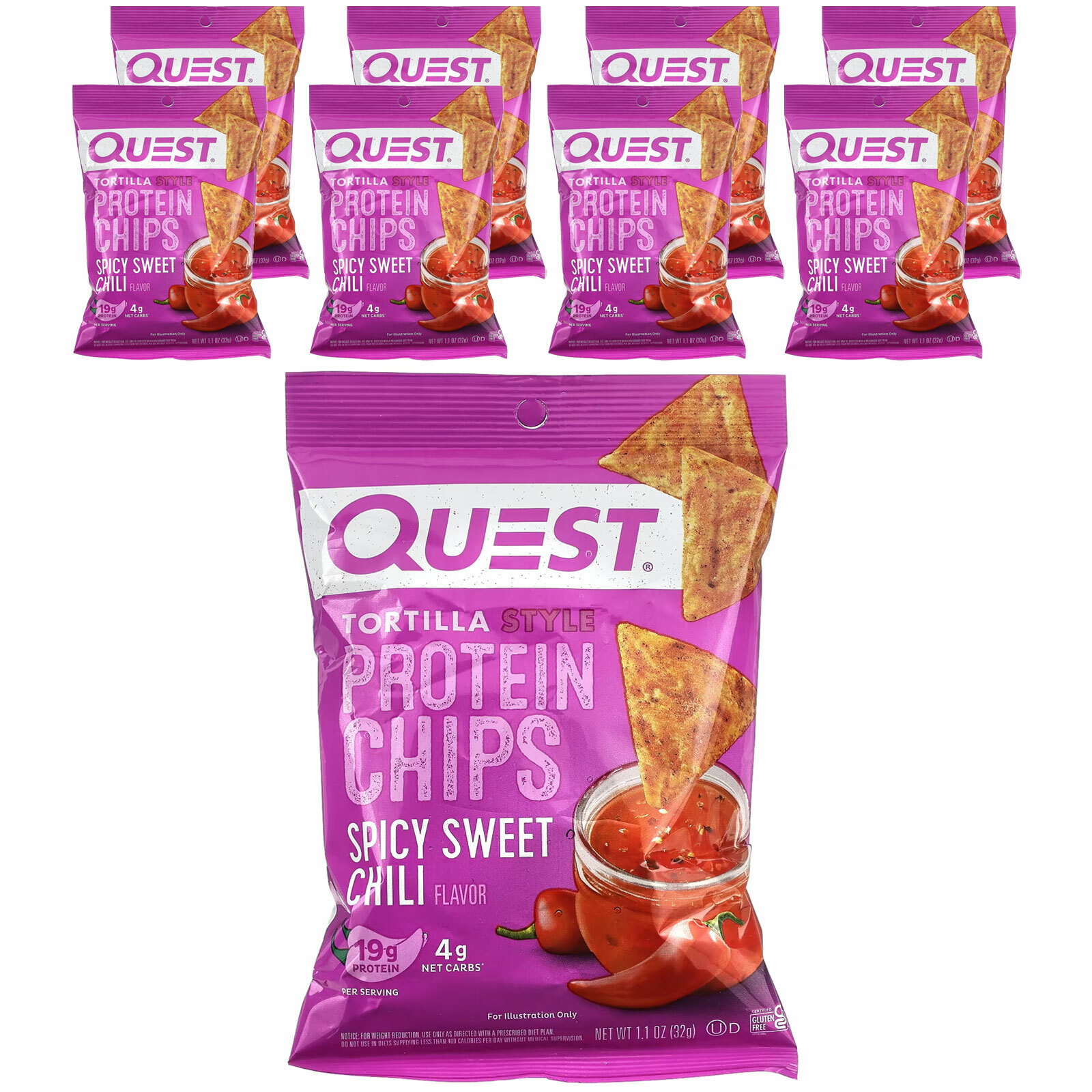 Quest Nutrition, Протеиновые чипсы по типу тортильи, острый сладкий перец чили, 8 пакетиков по 32 г (1,1 унции)
