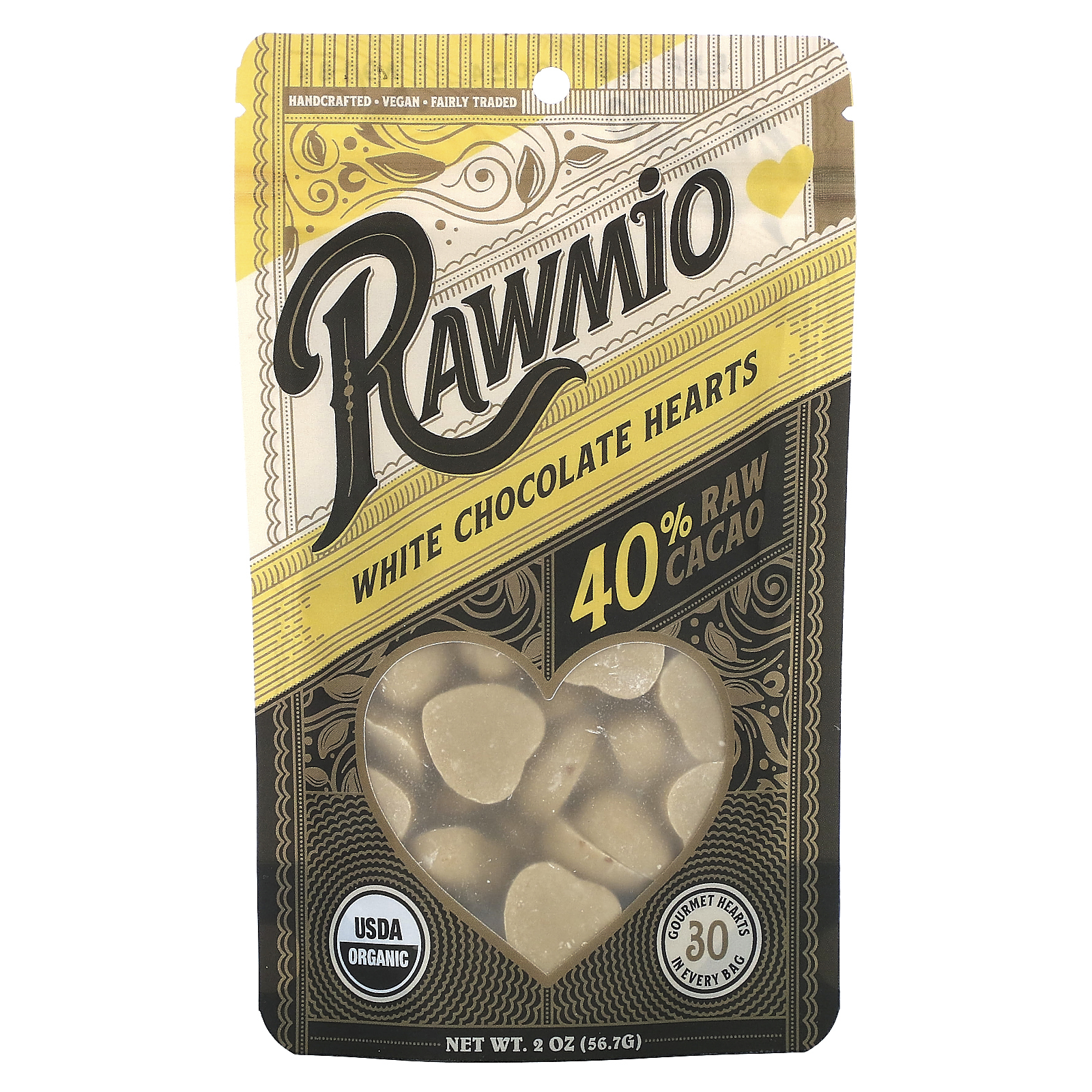 Rawmio, Сердца из белого шоколада, 40% сырого какао, 56,7 г (2 унции)