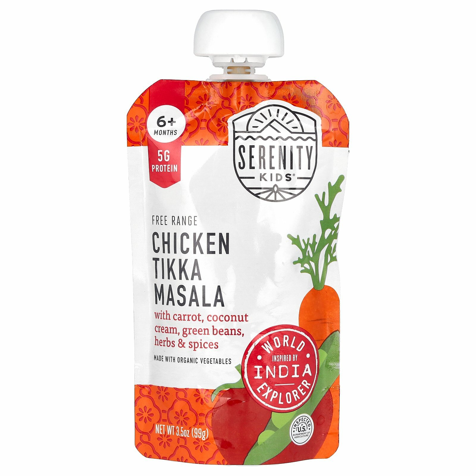 Serenity Kids, тикка масала из курицы с морковью, кокосовым кремом, зеленой фасолью, травами и специями, для детей от 6 месяцев, 99 г (3,5 унции)