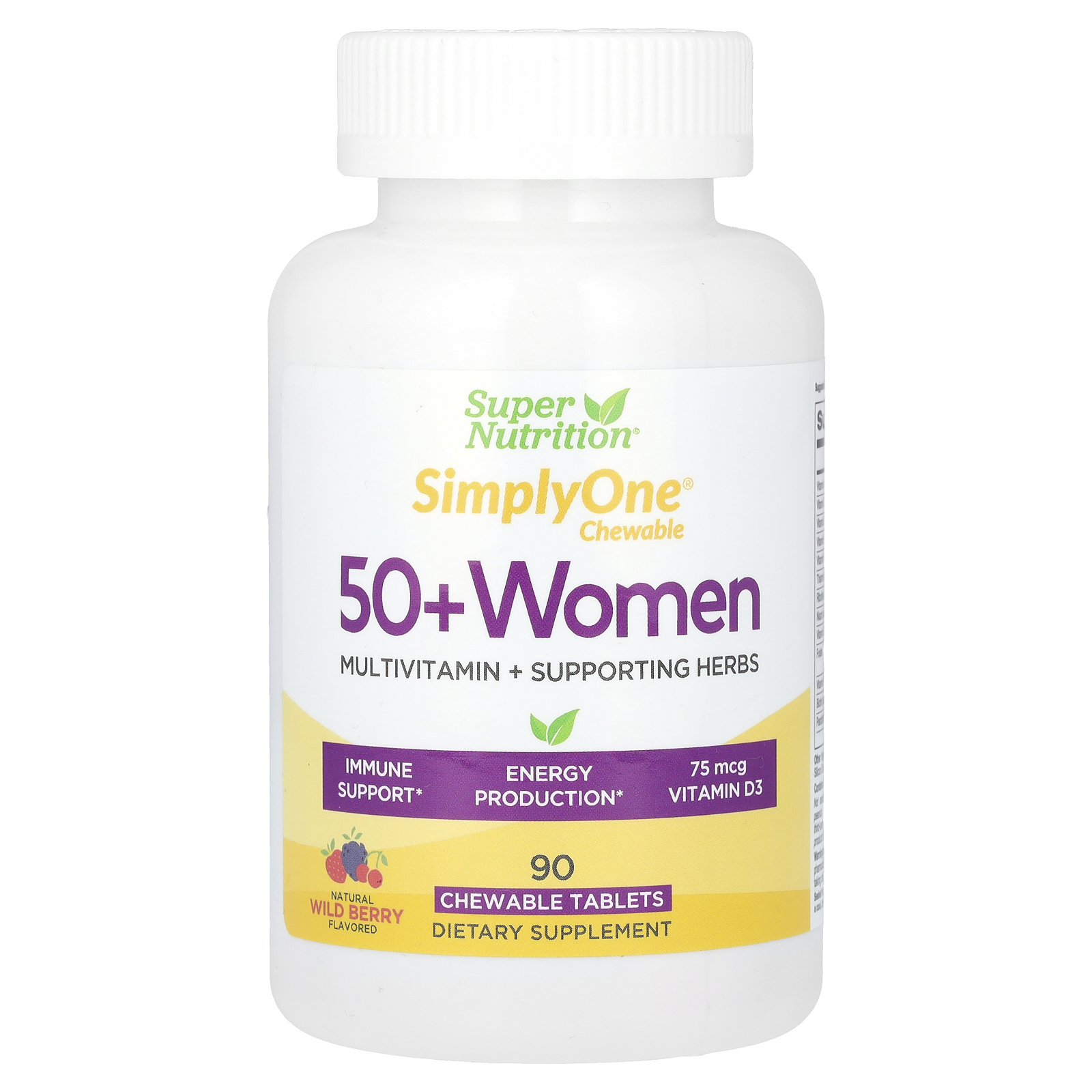 Super Nutrition, SimplyOne, мультивитамины и полезные травы для женщин старше 50 лет, вкус лесных ягод, 90 жевательных таблеток