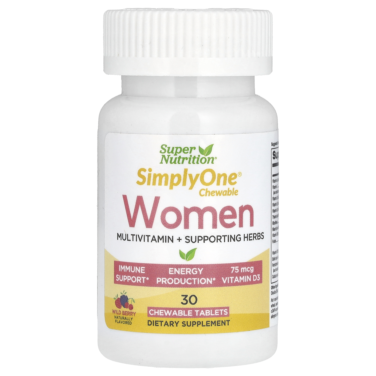 Super Nutrition, SimplyOne, мультивитамины и полезные травы для женщин, вкус лесных ягод, 30 жевательных таблеток