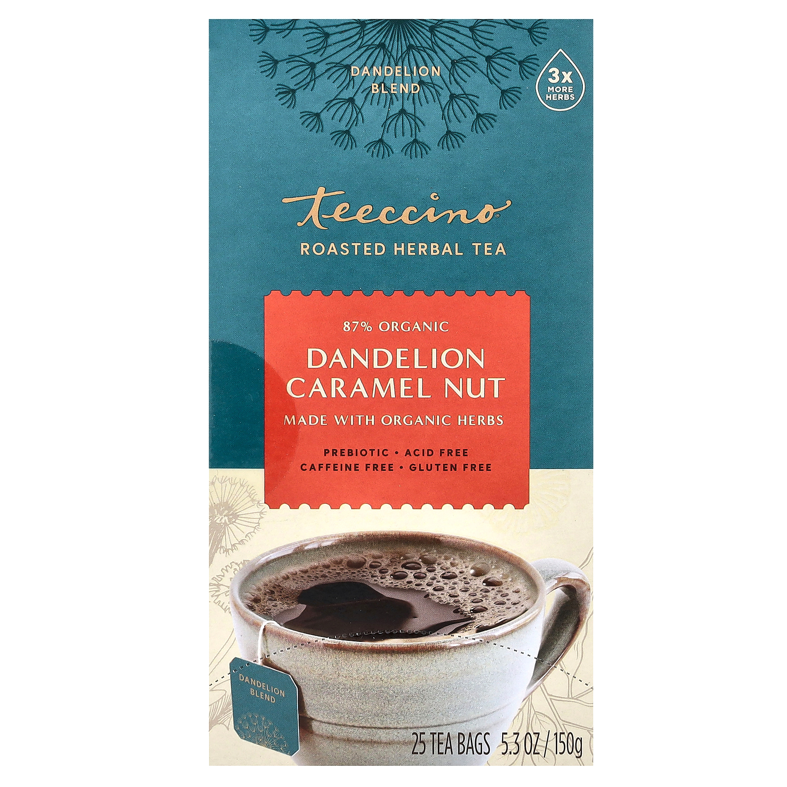 Teeccino, чай из обжаренных трав, одуванчик, карамель и орех, без кофеина, 25 чайных пакетиков, 150 г (5,3 унции)