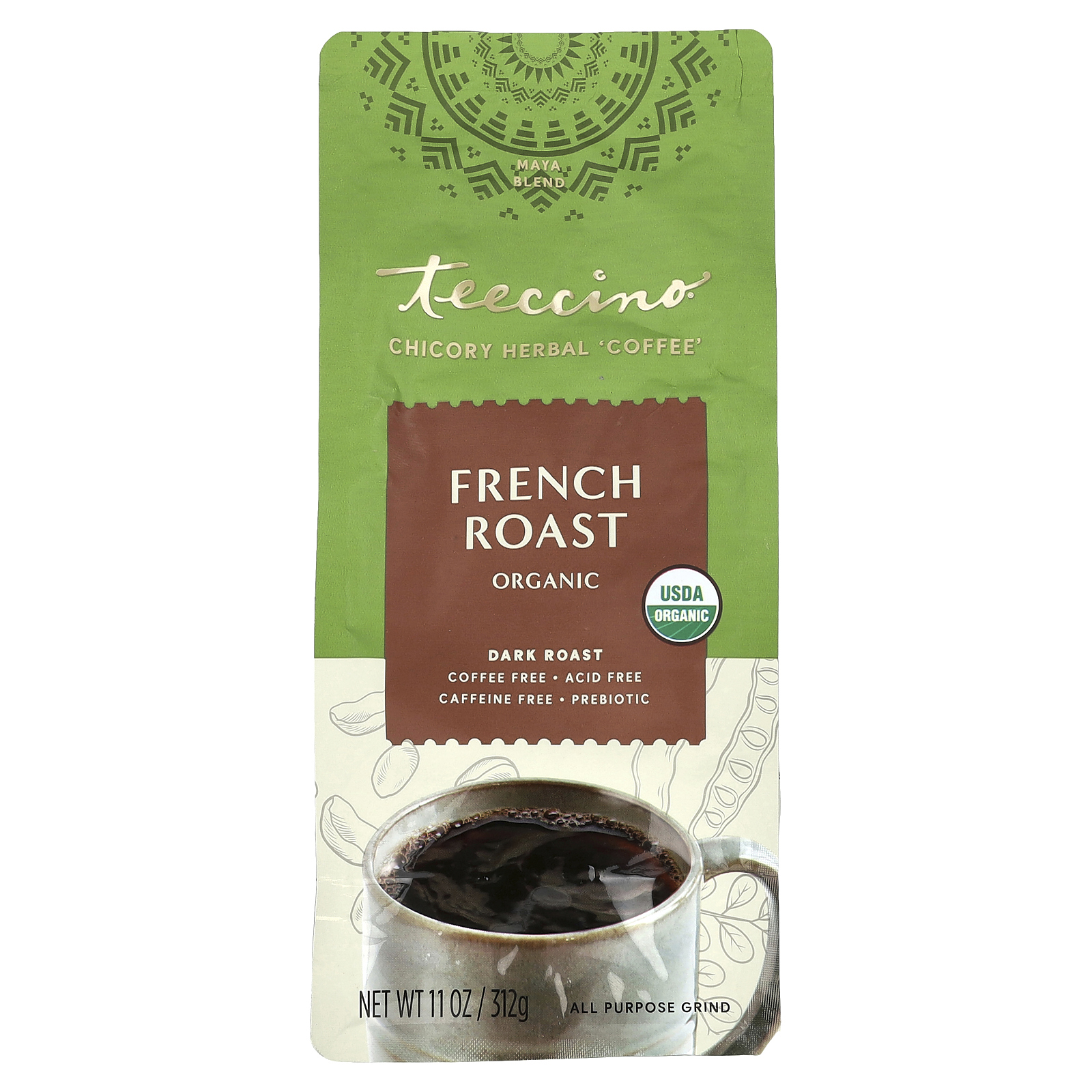 Teeccino, органический травяной кофе из цикория, французская обжарка, темная обжарка, без кофеина, 312 г (11 унций)