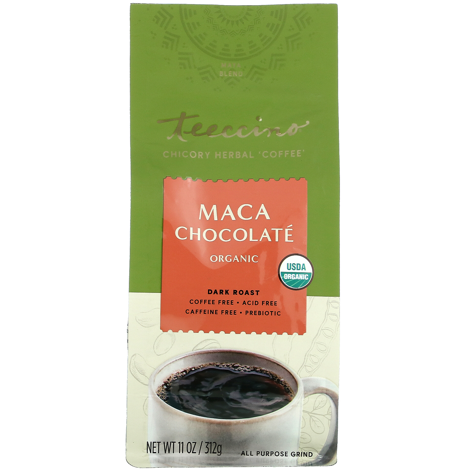 Teeccino, органический травяной кофе из цикория, шоколад и мака, темная обжарка, без кофеина, 312 г (11 унций)