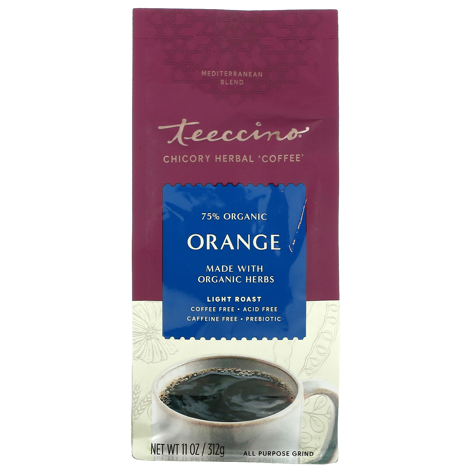 Teeccino, травяной кофе из цикория, апельсин, легкая обжарка, без кофеина, 312 г (11 унций)