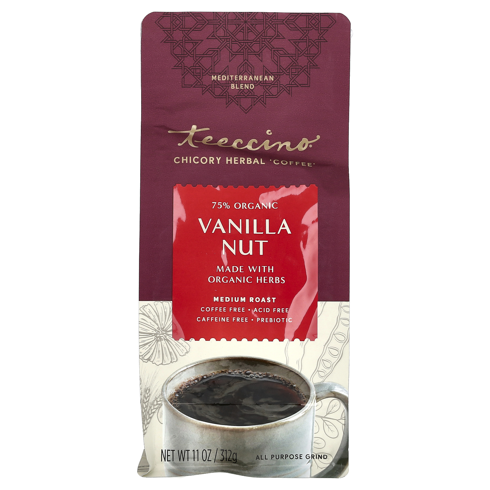 Teeccino, травяной кофе из цикория, ваниль и орех, средней обжарки, без кофеина, 312 г (11 унций)