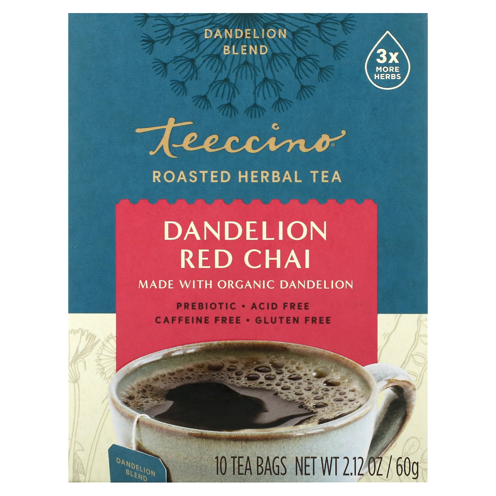 Teeccino, Жареный травяной чай, красный чай с одуванчиком, без кофеина, 10 чайных пакетиков, 60 г (2,12 унции)