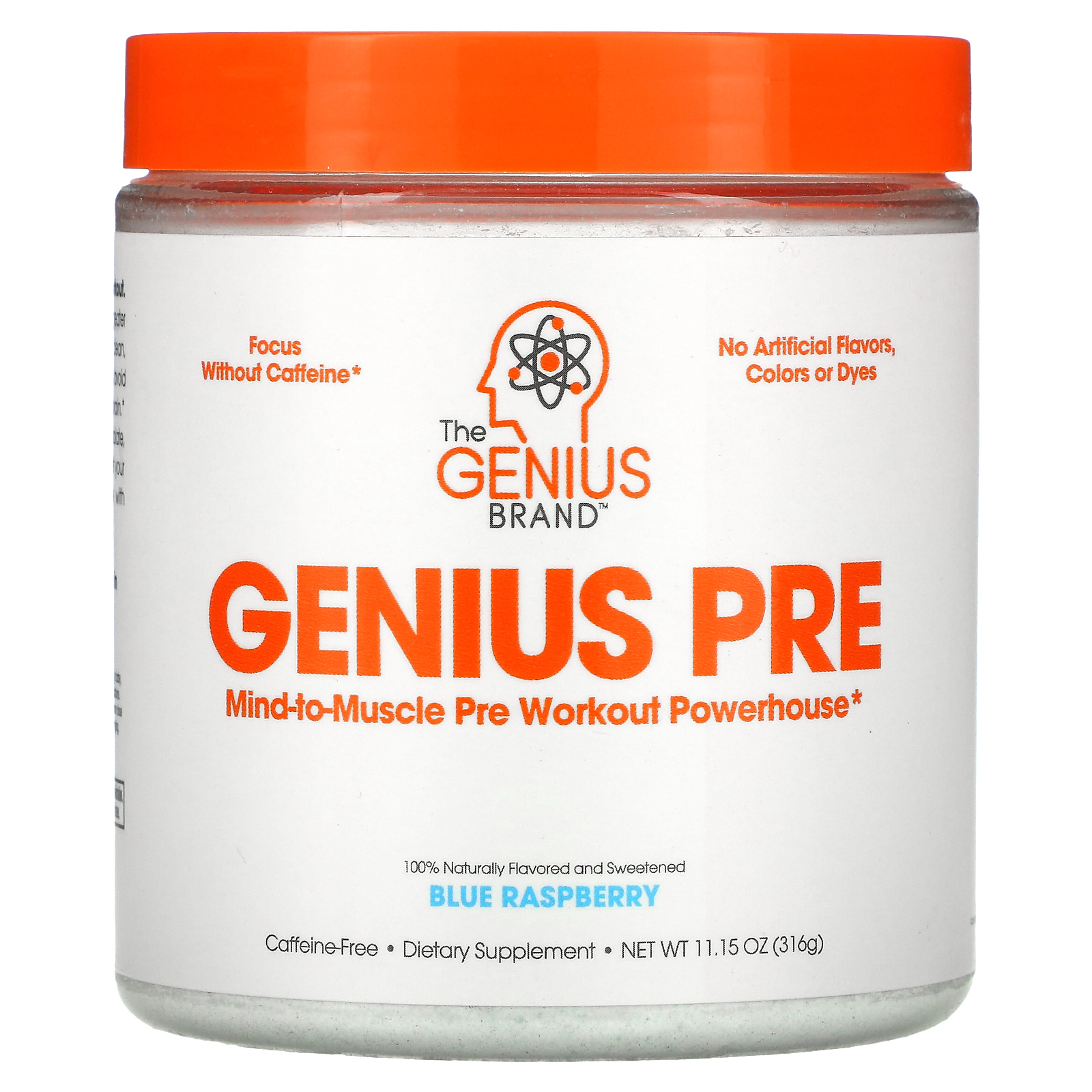 The Genius Brand, Genius Pre, предтренировочный комплекс, со вкусом голубой малины, 316 г (11,15 унции)