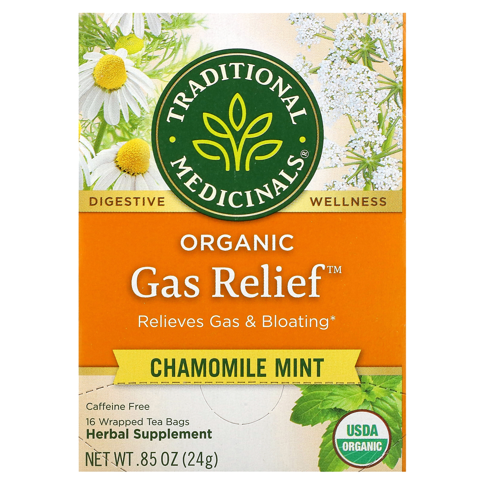 Traditional Medicinals, Organic Gas Relief, без кофеина, ромашка и мята, 16 чайных пакетиков в упаковке, 24 г (0,85 унции)