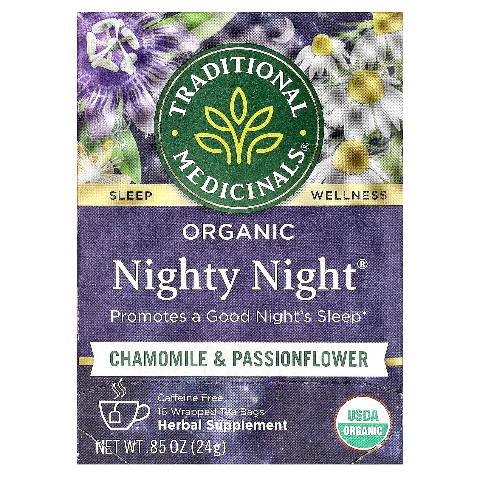 Traditional Medicinals, органическая Nighty Night, ромашка и пассифлора, без кофеина, 16 чайных пакетиков по 1,5 г (0,05 унции)