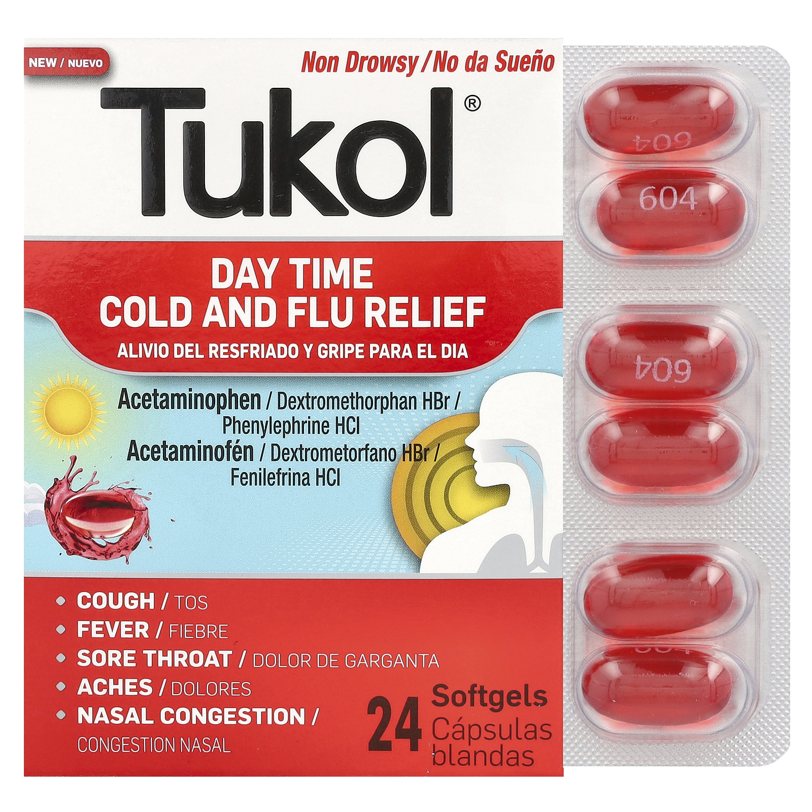 Tukol, дневное средство от простуды и гриппа, 24 капсулы