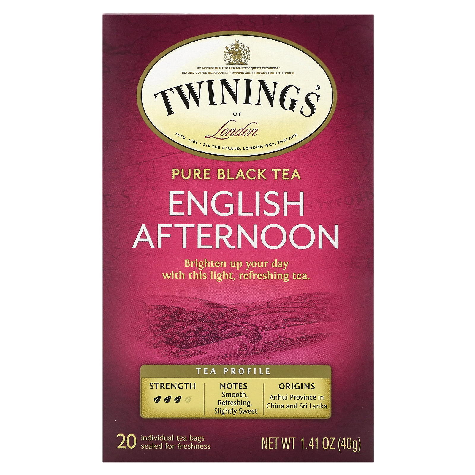 Twinings, Чистый черный чай, английский полдник, 20 чайных пакетиков, 40 г (1,41 унции)