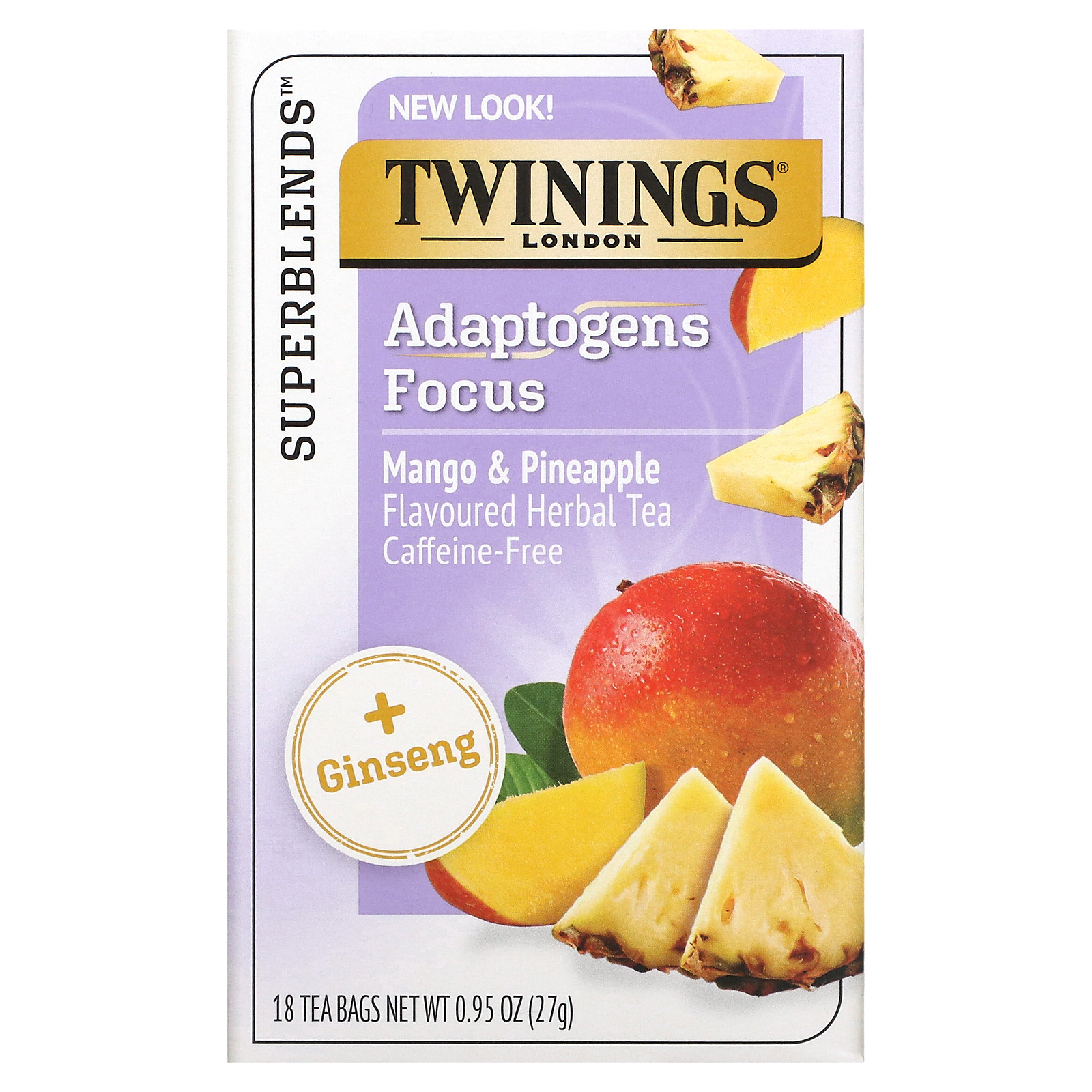 Twinings, Focus Herbal Tea, травяной чай с женьшенем, манго и ананасом, без кофеина, 18 чайных пакетиков, 27 г (0,95 унции)