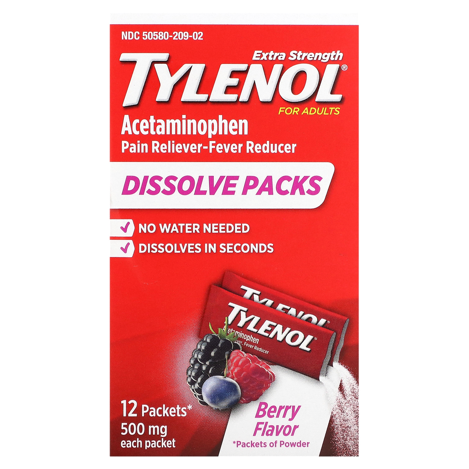 Tylenol, Пакетики с растворимыми ацетаминофенами повышенной силы для взрослых, ягодный вкус, 500 мг, 12 пакетиков порошка