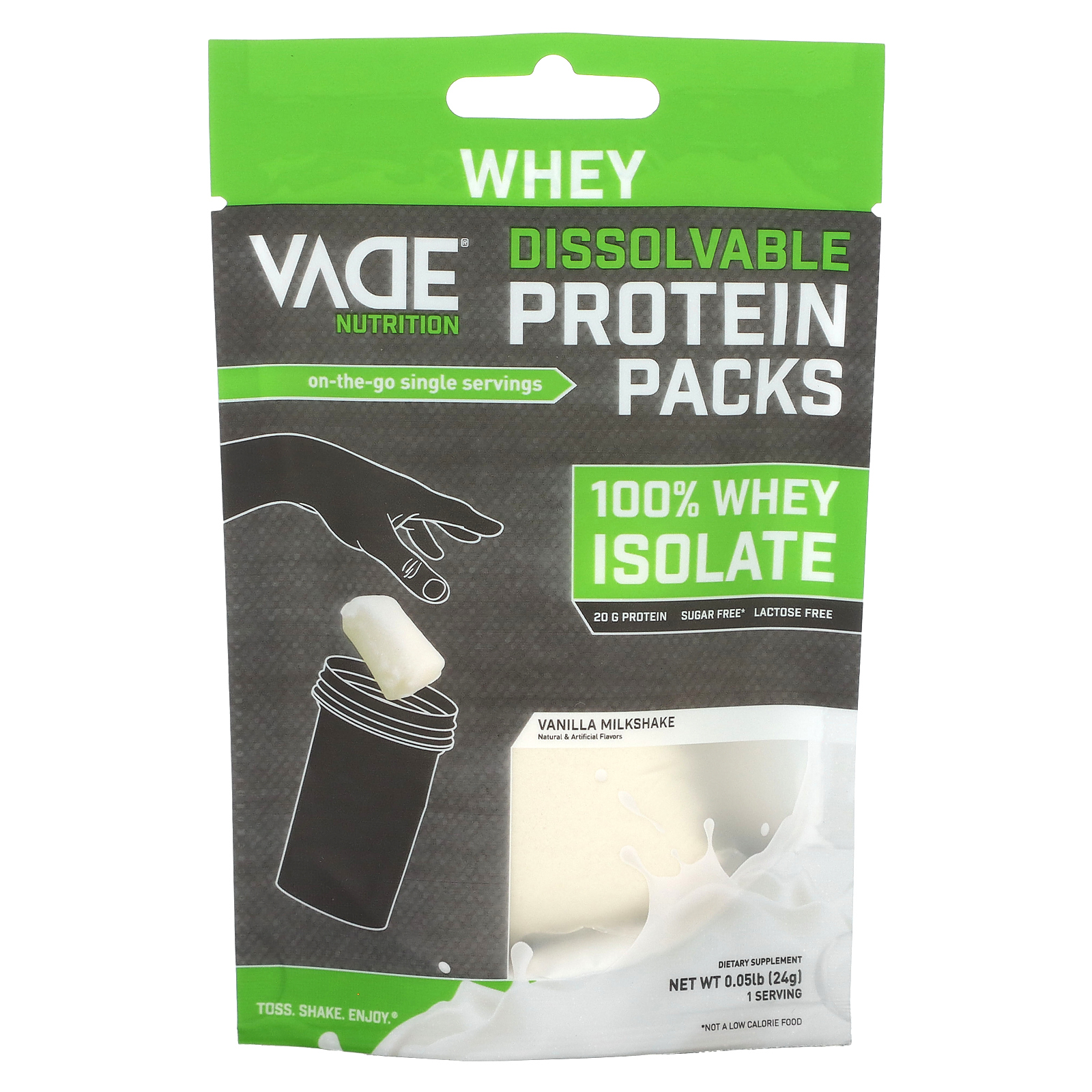 Vade Nutrition, Пакетики с растворимым белком, 100% изолят сыворотки, ванильный молочный коктейль, 24 г (0,05 фунта)