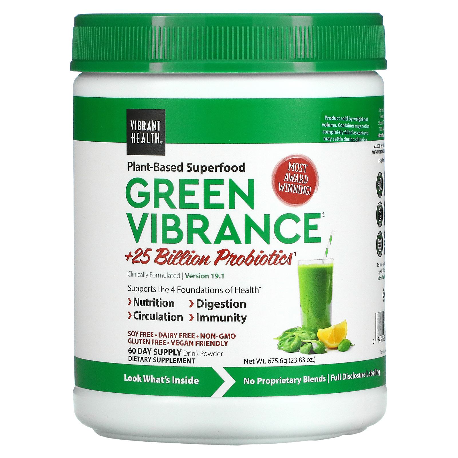 Vibrant Health, Green Vibrance +25 млрд пробиотиков, версия 19.1, 675,6 г (23,83 унции)