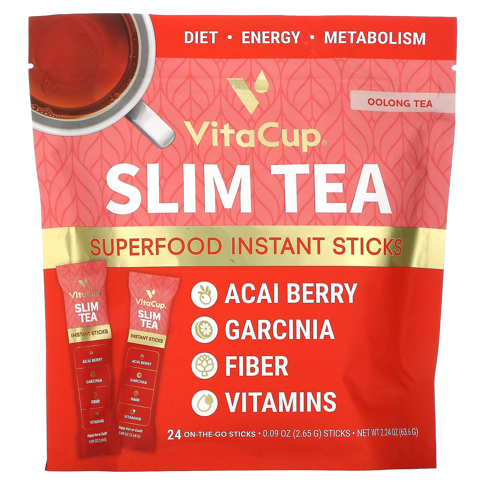VitaCup, Slim Tea, растворимый чай с суперфудами, чай улун, 24 стика On the Go по 2,65 г (0,09 унции)