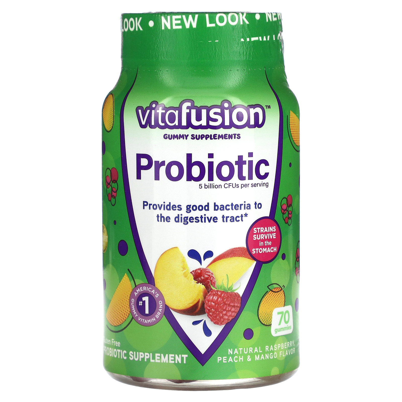 VitaFusion, Жевательные мармеладки с пробиотиками, натуральная малина, персик и манго, 5 млрд КОЕ, 70 жевательных таблеток
