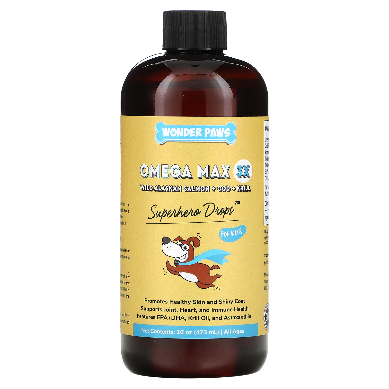 Wonder Paws, Superhero Drops, капли для собак, Omega Max 3X, дикий аляскинский лосось, треска и криль, для всех возрастов, 473 мл (16 унций)