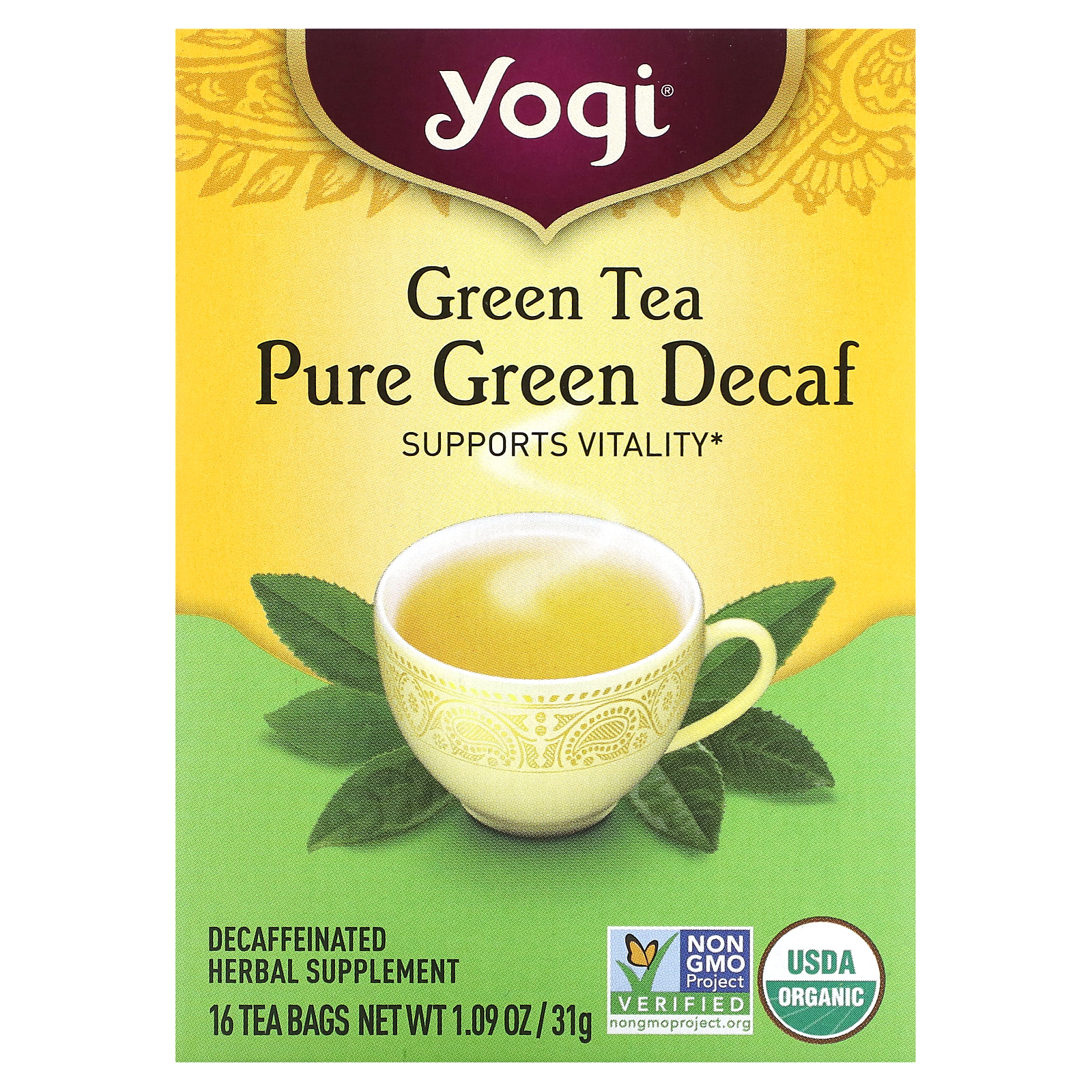Yogi Tea, чистый зеленый чай, без кофеина, 16 чайных пакетиков, 31 г (1,09 унции)