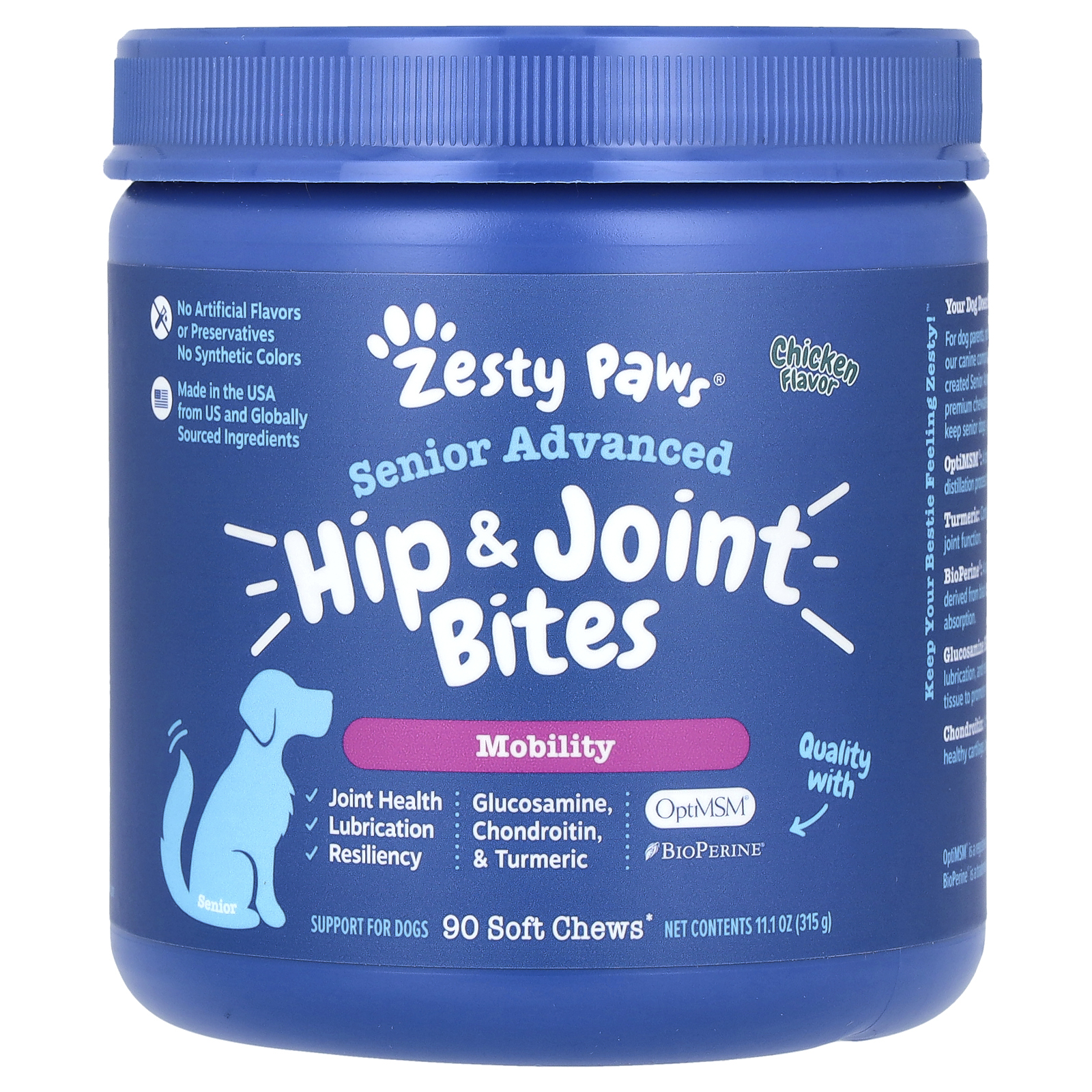 Zesty Paws, Senior Advanced, Bites, добавка для бедер и суставов, со вкусом курицы, 90 жевательных таблеток, 315 г (11,1 унции)