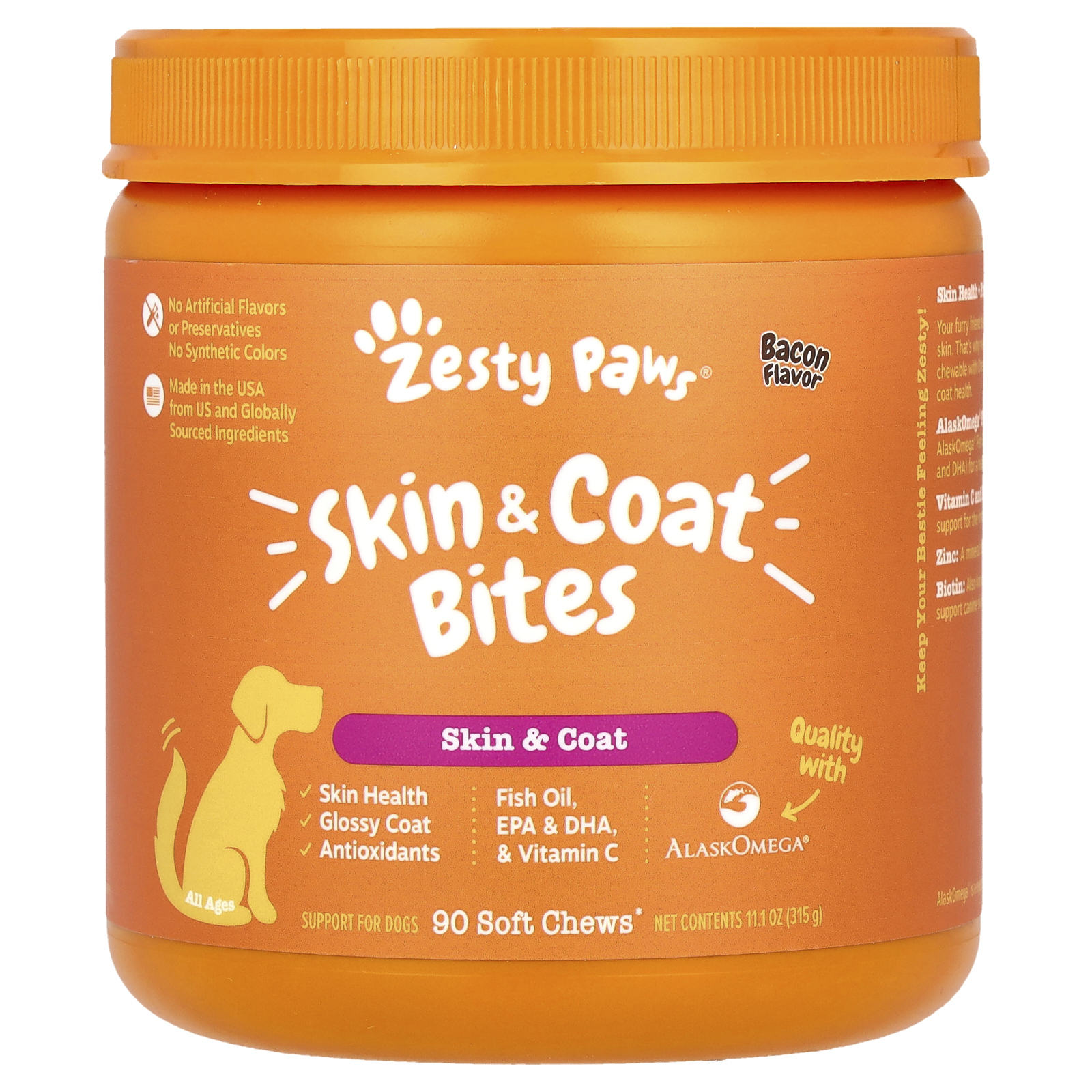 Zesty Paws, Skin &coat Bites, для собак всех возрастов, со вкусом бекона, 90 жевательных таблеток, 315 г (11,1 унции)